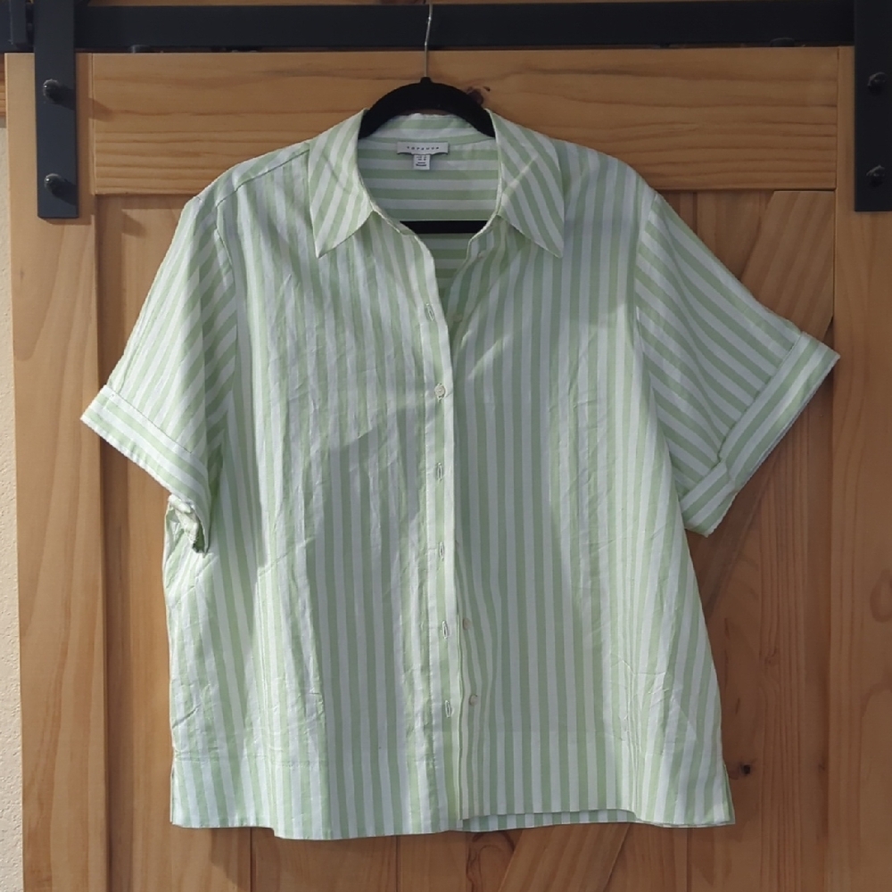 Topshop Pale Green & White Vertical Stripe Short Sleeve Button-Up